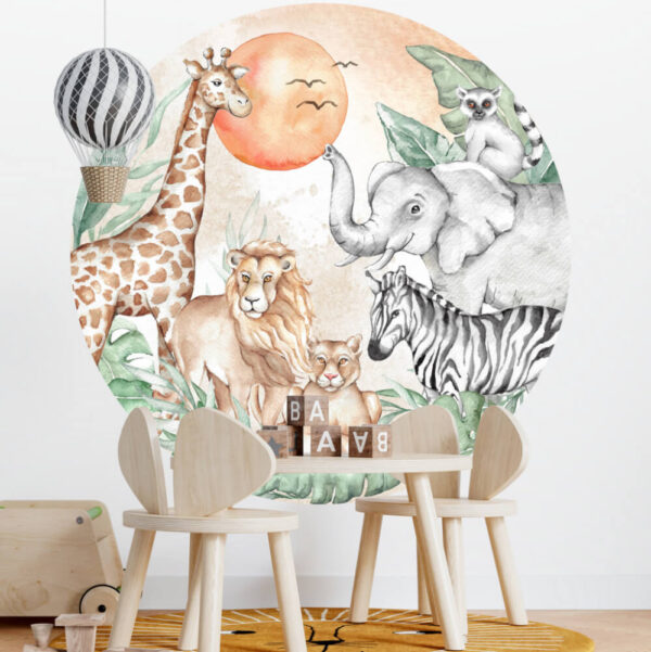 Textilní nálepka na zeď - SAFARI zvířátka v kruhu